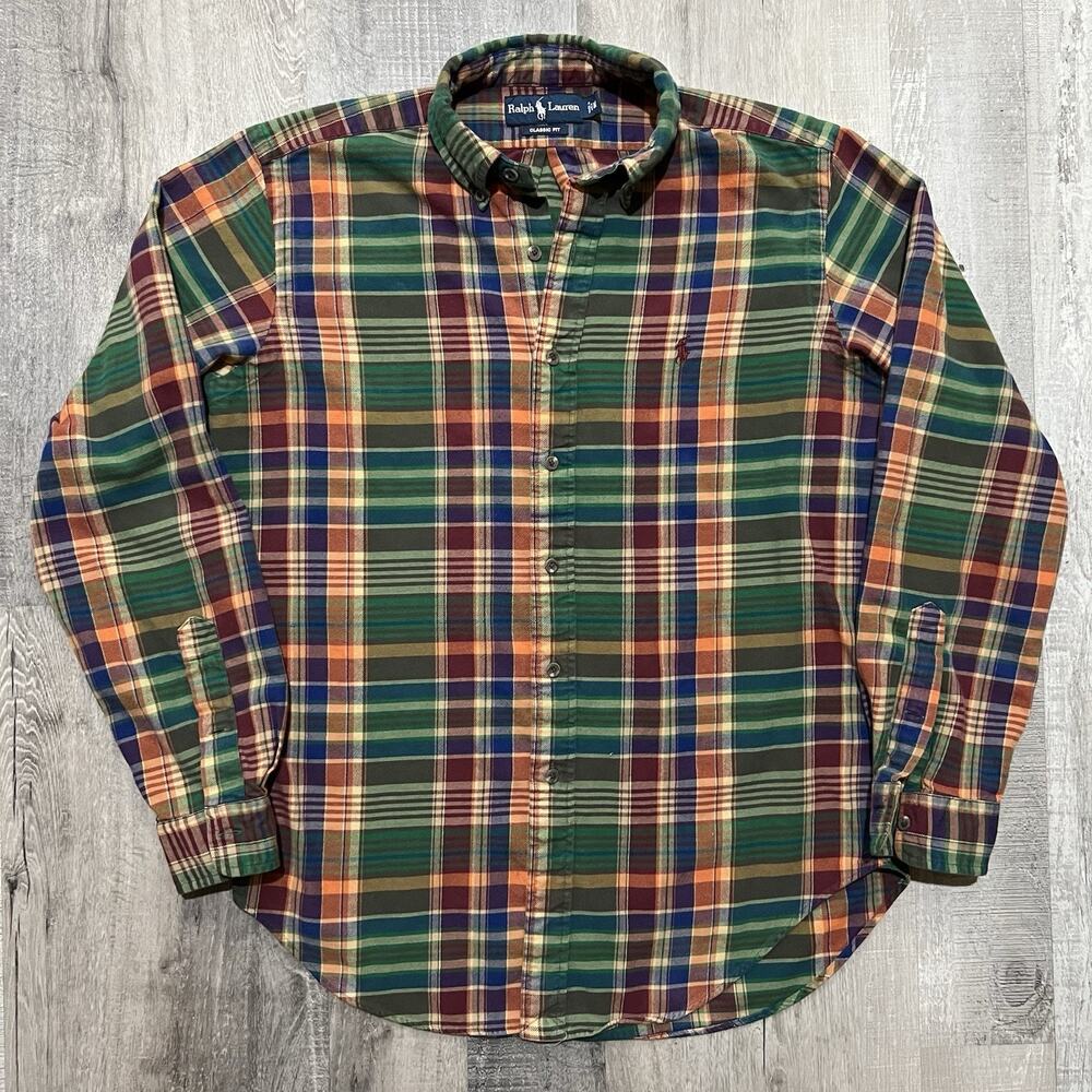 VTG Polo Ralph Lauren 90s Green Plaid Multicolor Cotton Flannel Button Up Shirt